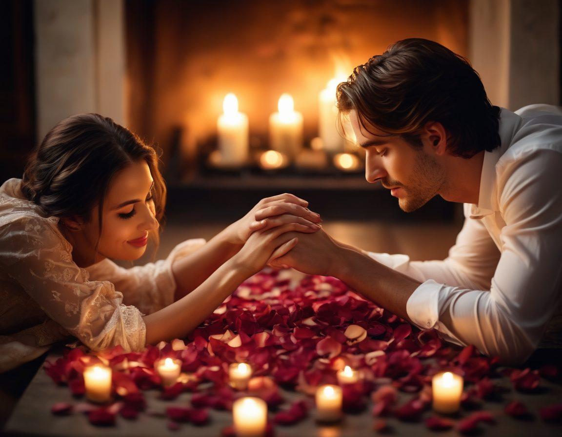 A passionate couple enveloped in a warm, glowing candlelight, their hands softly touching, showcasing emotion and intimacy. Surround them with elegant rose petals and a backdrop of soft-focus romantic elements like a softly lit fireplace and moody shadows. Include a faint hint of luxury with plush fabrics and rich colors to evoke desire. Capture a sense of warmth and connection between them. super-realistic. warm tones. soft focus.