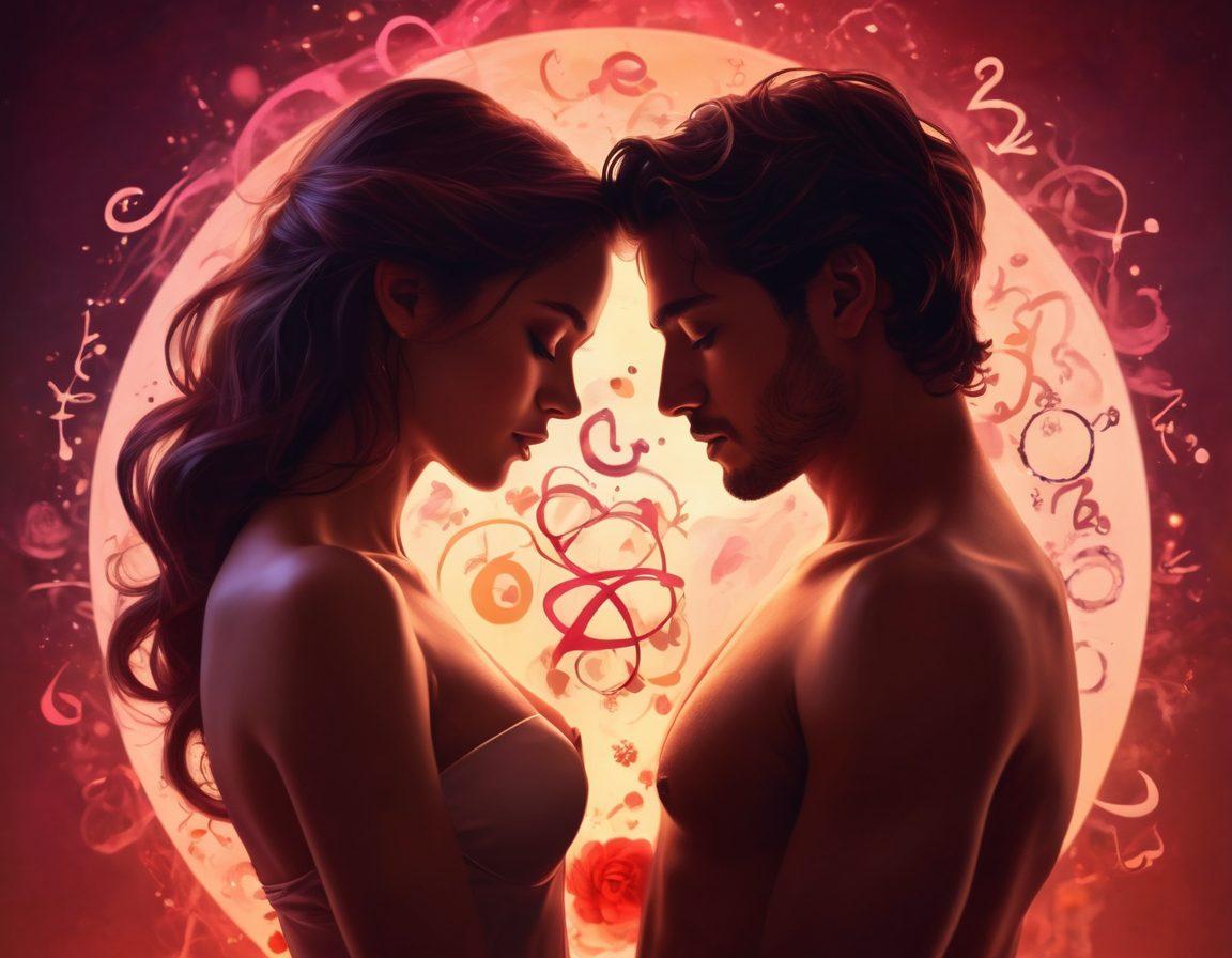 A romantic scene featuring two silhouettes leaning toward each other, surrounded by swirling, colorful chemical symbols representing desire and intimacy. Soft candlelight illuminates their faces, creating a warm atmosphere filled with love and chemistry symbols floating gently around them. The background is softly blurred with hints of reds and pinks, embodying passion. vibrant colors. soft-focus. romantic atmosphere. digital painting.