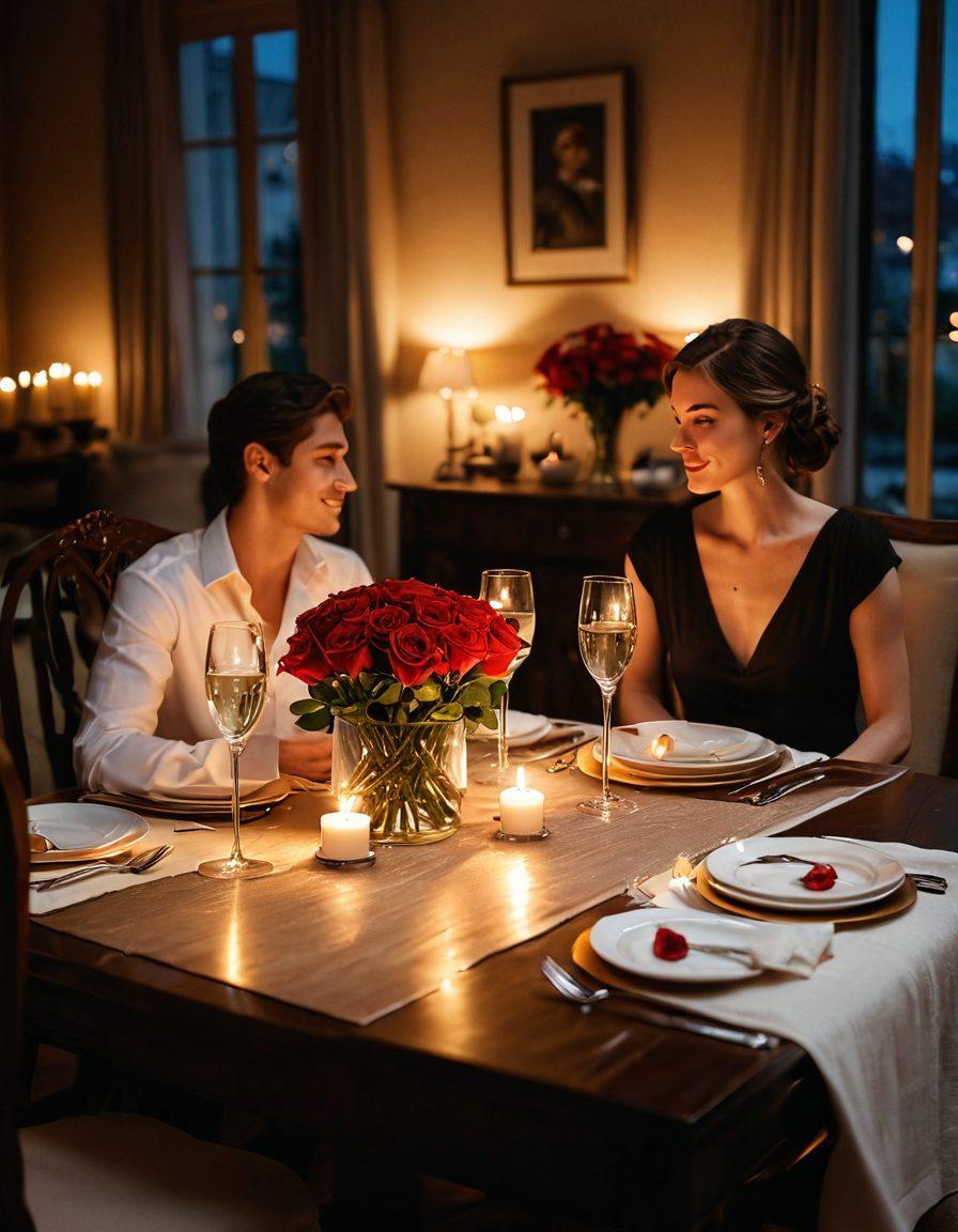 A dimly lit, intimate setting featuring a beautifully set table with flickering candles and soft, plush fabrics creating a cozy atmosphere. In the background, a couple shares a tender gaze, suggesting an intense emotional connection, while vibrant red roses and sparkling wine glasses add a touch of romance. The scene conveys warmth and allure, inviting the viewer to feel the passion of the moment. super-realistic. warm tones. soft focus.